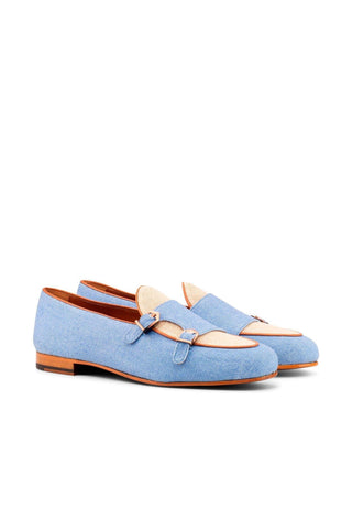 Ambrogio Handmade Men's Handmade Custom Made Shoes Blue & Beige Linen Fabric Monk Slipper Loafers (AMB1274)-AmbrogioShoes