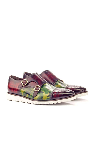 Ambrogio Handmade Men's Handmade Custom Made Shoes Brown / Burgundy / Green Patina Leather Monk-Straps Sneakers (AMB1251)-AmbrogioShoes