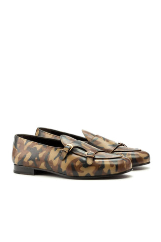 Ambrogio Handmade Men's Handmade Custom Made Shoes Brown Camo Patina Leather Monk Slipper Loafers (AMB1285)-AmbrogioShoes