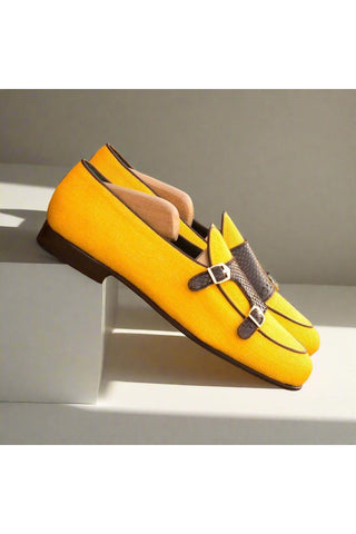 Ambrogio Handmade Men's Handmade Custom Made Shoes Brown & Yellow Exotic Snake-Skin / Linen Monk Slipper Loafers (AMB1277)-AmbrogioShoes
