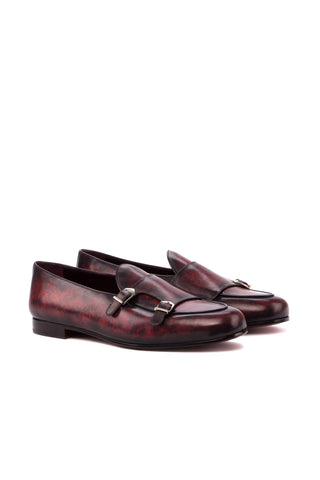 Ambrogio Handmade Men's Handmade Custom Made Shoes Burgundy Patina Leather Monk Slipper Loafers (AMB1265)-AmbrogioShoes