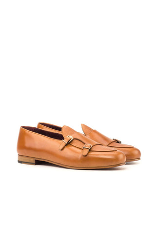 Ambrogio Handmade Men's Handmade Custom Made Shoes Cognac Pebble Grain / Calf-Skin Leather Monk Slipper Loafers (AMB1278)-AmbrogioShoes