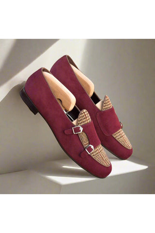 Ambrogio Handmade Men's Handmade Custom Made Shoes Multi-Color Tweed Sartorial / Suede Monk Slipper Loafers (AMB1275)-AmbrogioShoes