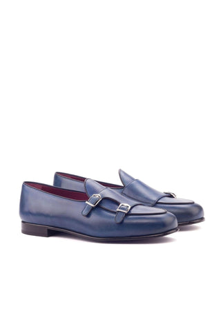 Ambrogio Handmade Men's Handmade Custom Made Shoes Navy Calf-Skin Leather Monk Slipper Loafers (AMB1284)-AmbrogioShoes