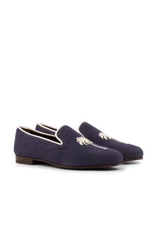 Ambrogio Handmade Men's Handmade Custom Made Shoes Navy & White Linen Fabric Wellington Loafers (AMB1324)-AmbrogioShoes
