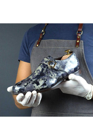Ambrogio Men's Handmade Custom Made Shoes Bi-Color Digital Camo Patina Leather Monk Strap (AMB1653)-AmbrogioShoes