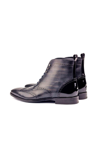 Ambrogio Men's Handmade Custom Made Shoes Black & Gray Patent / Patina Leather Military Brogue Boots (AMB1094)-AmbrogioShoes