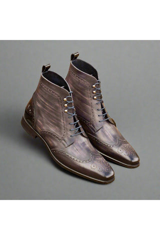 Ambrogio Men's Handmade Custom Made Shoes Black & Gray Patent / Patina Leather Military Brogue Boots (AMB1094)-AmbrogioShoes