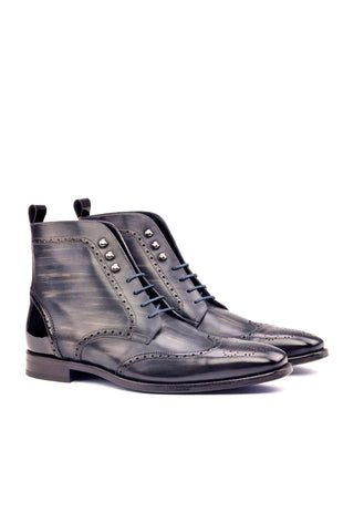 Ambrogio Men's Handmade Custom Made Shoes Black & Gray Patent / Patina Leather Military Brogue Boots (AMB1094)-AmbrogioShoes