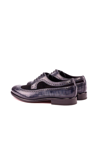 Ambrogio Men's Handmade Custom Made Shoes Black & Gray Suede / Patina Leather Longwing Blucher Oxfords (AMB1135)-AmbrogioShoes