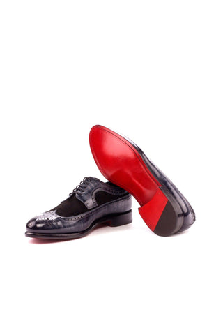 Ambrogio Men's Handmade Custom Made Shoes Black & Gray Suede / Patina Leather Longwing Blucher Oxfords (AMB1135)-AmbrogioShoes