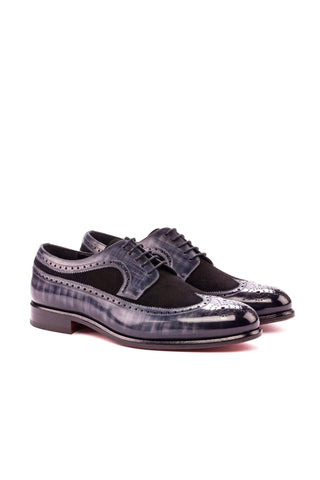 Ambrogio Men's Handmade Custom Made Shoes Black & Gray Suede / Patina Leather Longwing Blucher Oxfords (AMB1135)-AmbrogioShoes