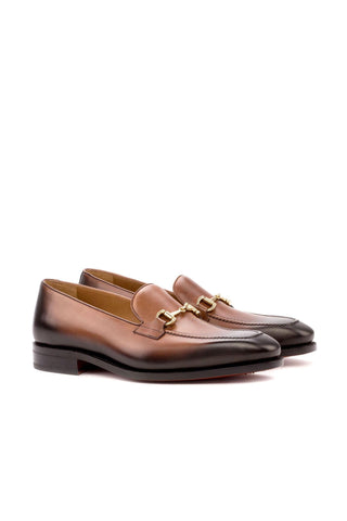Ambrogio Men's Handmade Custom Made Shoes Brown Burnished Calf-Skin Leather Horsebit Loafers (AMB1066)-AmbrogioShoes
