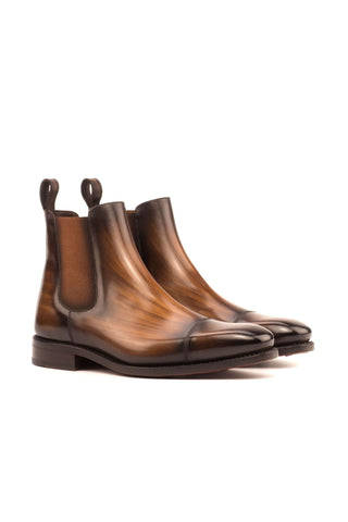 Ambrogio Men's Handmade Custom Made Shoes Brown Crust Patina Leather Cap-Toe Chelsea Boots (AMB1030)-AmbrogioShoes