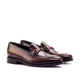 Ambrogio Men's Handmade Custom Made Shoes Brown Patina Leather Horsebit Loafers (AMB1189)-AmbrogioShoes