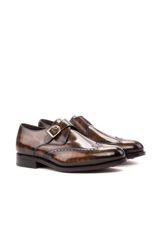 Ambrogio Men's Handmade Custom Made Shoes Brown Patina Leather Monk-Straps Loafers (AMB1057)-AmbrogioShoes