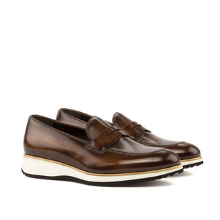 Ambrogio Men's Handmade Custom Made Shoes Brown Patina Leather Penny Loafers (AMB1210)-AmbrogioShoes