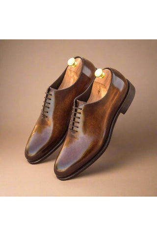 Ambrogio Men's Handmade Custom Made Shoes Brown Patina Leather Whole-Cut Plain Oxfords (AMB1136)-AmbrogioShoes