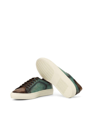 Ambrogio Men's Handmade Custom Made Shoes Brown / Turquoise Patina Leather Casual Trainer Sneakers (AMB1133)-AmbrogioShoes