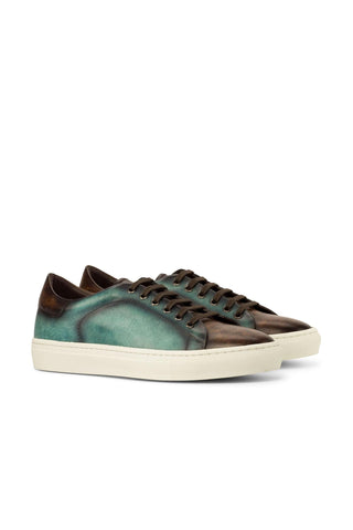 Ambrogio Men's Handmade Custom Made Shoes Brown / Turquoise Patina Leather Casual Trainer Sneakers (AMB1133)-AmbrogioShoes