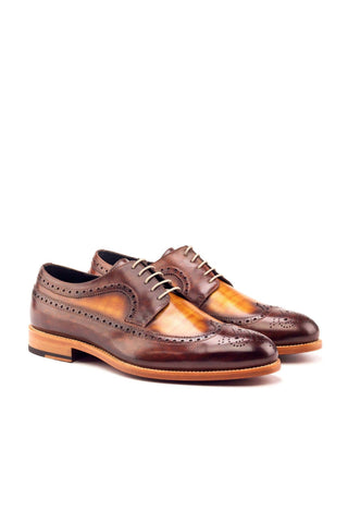 Ambrogio Men's Handmade Custom Made Shoes Cognac & Brown Patina Leather Longwing Blucher Oxfords (AMB1088)-AmbrogioShoes