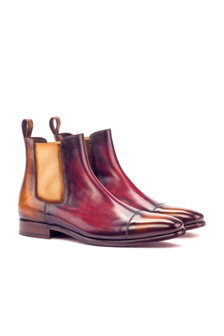Ambrogio Men's Handmade Custom Made Shoes Cognac & Burgundy Crust Patina Leather Cap-Toe Chelsea Boots (AMB1029)-AmbrogioShoes