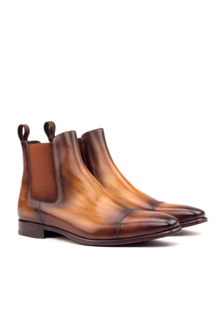 Ambrogio Men's Handmade Custom Made Shoes Cognac Crust Patina Leather Cap-Toe Chelsea Boots (AMB1031)-AmbrogioShoes