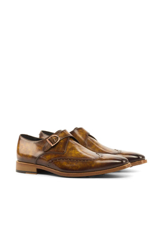 Ambrogio Men's Handmade Custom Made Shoes Cognac Patina Leather Monk-Straps Loafers (AMB1058)-AmbrogioShoes