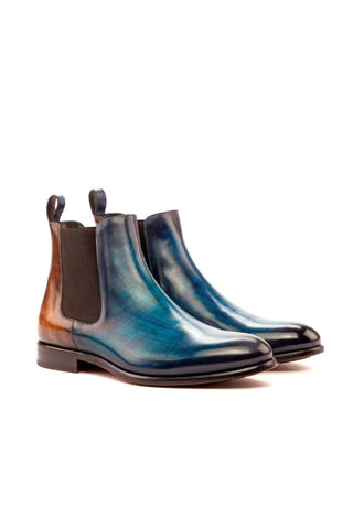 Ambrogio Men's Handmade Custom Made Shoes Denim Blue & Brown Crust Patina Leather Chelsea Boots (AMB1025)-AmbrogioShoes