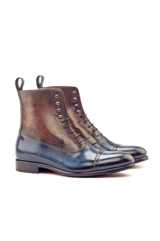 Ambrogio Men's Handmade Custom Made Shoes Denim Blue & Brown Patina Leather Balmoral Boots(AMB1200)-AmbrogioShoes