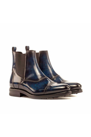 Ambrogio Men's Handmade Custom Made Shoes Denim Blue Crust Patina Leather Cap-Toe Chelsea Boots (AMB1033)-AmbrogioShoes