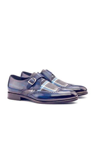 Ambrogio Men's Handmade Custom Made Shoes Denim Plaid Sartorial / Patina Leather Monk-Straps Loafers (AMB1060)-AmbrogioShoes