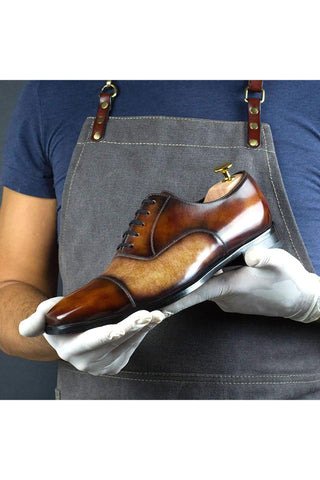 Ambrogio Men's Handmade Custom Made Shoes Fire Orange & Cream Patina Leather Cap-Toe Oxfords (AMB1651)-AmbrogioShoes