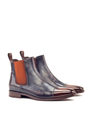Ambrogio Men's Handmade Custom Made Shoes Gray & Brown Crust Patina Leather Cap-Toe Chelsea Boots (AMB1027)-AmbrogioShoes