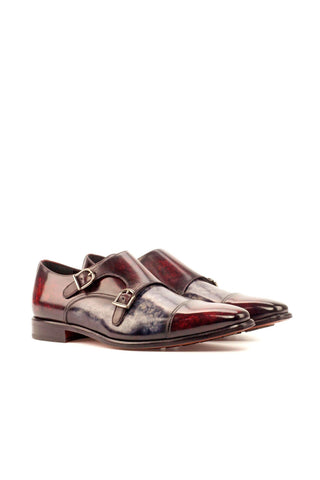 Ambrogio Men's Handmade Custom Made Shoes Gray & Burugndy Patina Leather Monk-Straps Loafers(AMB1139)-AmbrogioShoes