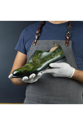 Ambrogio Men's Handmade Custom Made Shoes Green Sylvan Cezanne Patina Leather Wholecut Oxfords (AMB1647)-AmbrogioShoes