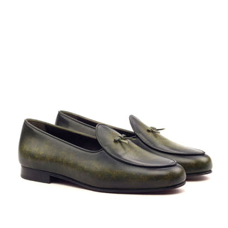 Ambrogio Men's Handmade Custom Made Shoes Khaki Green Patina Leather Belgian Slipper Loafers (AMB1178)-AmbrogioShoes