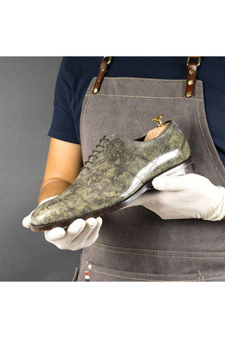 Ambrogio Men's Handmade Custom Made Shoes Light Gray Cartography Texture Print / Marble Patina Leather Wholecut Oxfords (AMB1641)-AmbrogioShoes