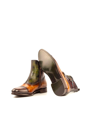 Ambrogio Men's Handmade Custom Made Shoes Multi-Color Patina Leather Atticus Double Buckle Boots (AMB1126)-AmbrogioShoes