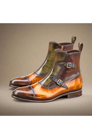 Ambrogio Men's Handmade Custom Made Shoes Multi-Color Patina Leather Atticus Double Buckle Boots (AMB1126)-AmbrogioShoes