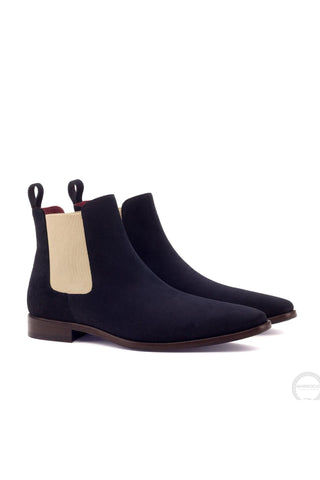 Ambrogio Men's Handmade Custom Made Shoes Navy Houndstooth Sartorial / Lux Suede Chelsea Boots (AMB1008)-AmbrogioShoes