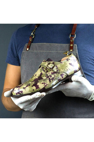 Ambrogio Men's Handmade Custom Made Shoes Two-Tone Green / Burgundy Digital Camo Patina Leather Monk Strap (AMB1652)-AmbrogioShoes
