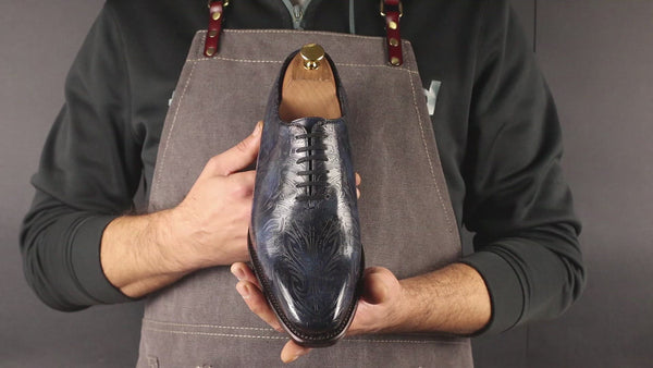 Ambrogio Men's Handmade Custom Made Shoes Ocean Blue Maori Texture Print / Patina Leather Wholecut Plain Oxfords (AMB1634)